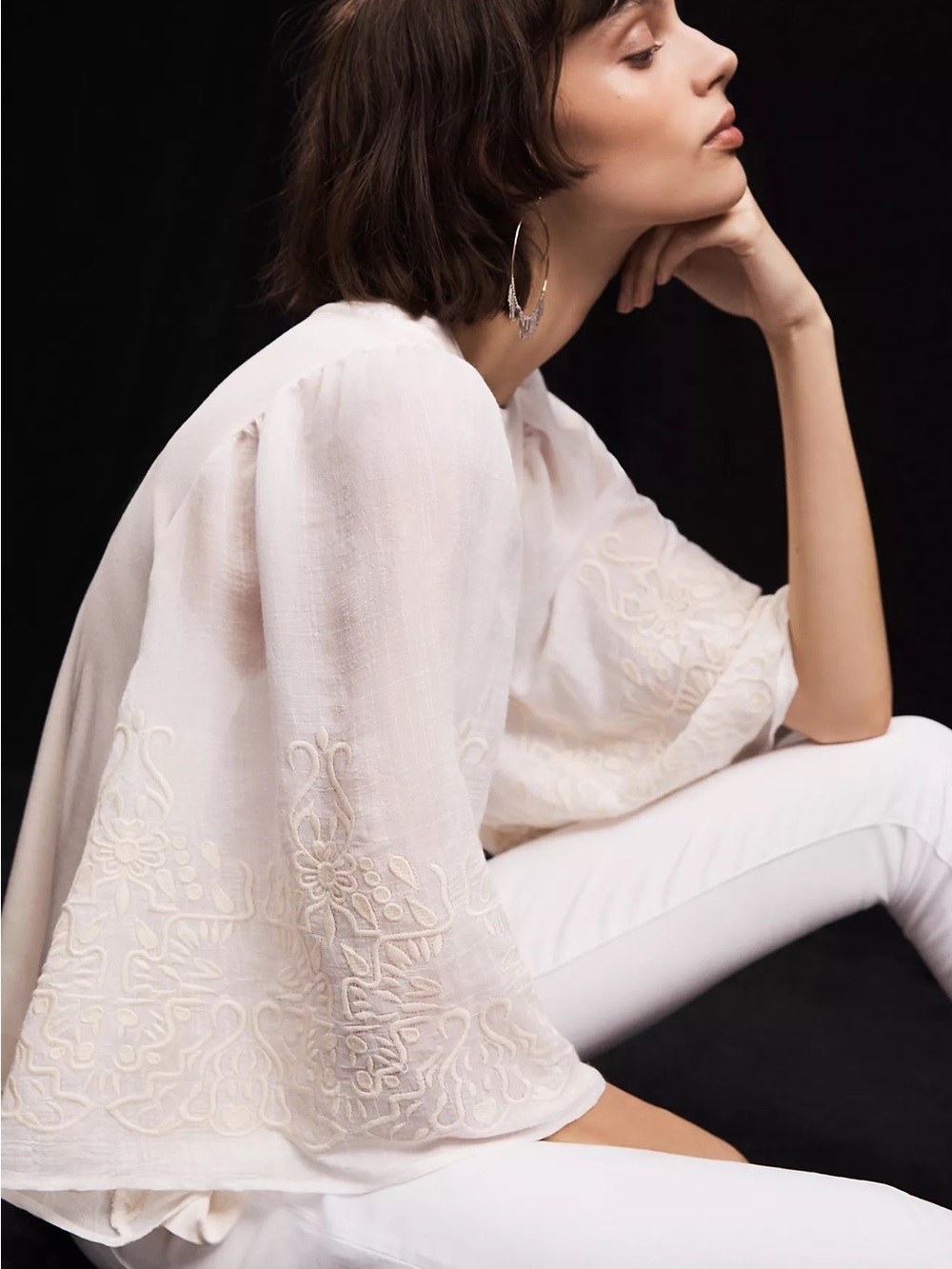 46. Anthropologie Eri+ Ali Embroidered Cream Bell-Sleeve Blouse